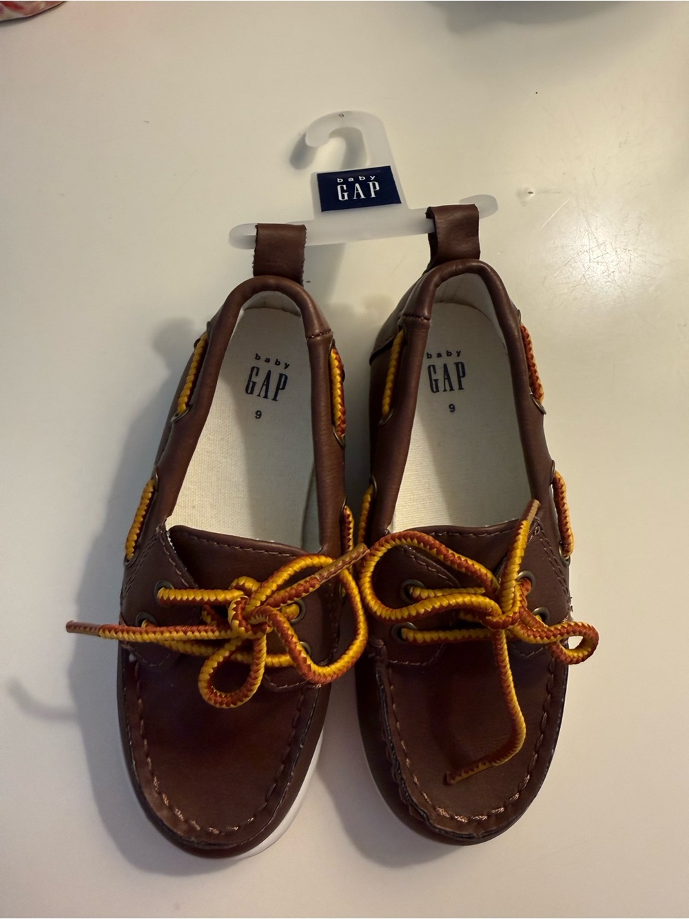 GAP Brown Leather Boat Shoes with Yellow-Orange Braided Laces